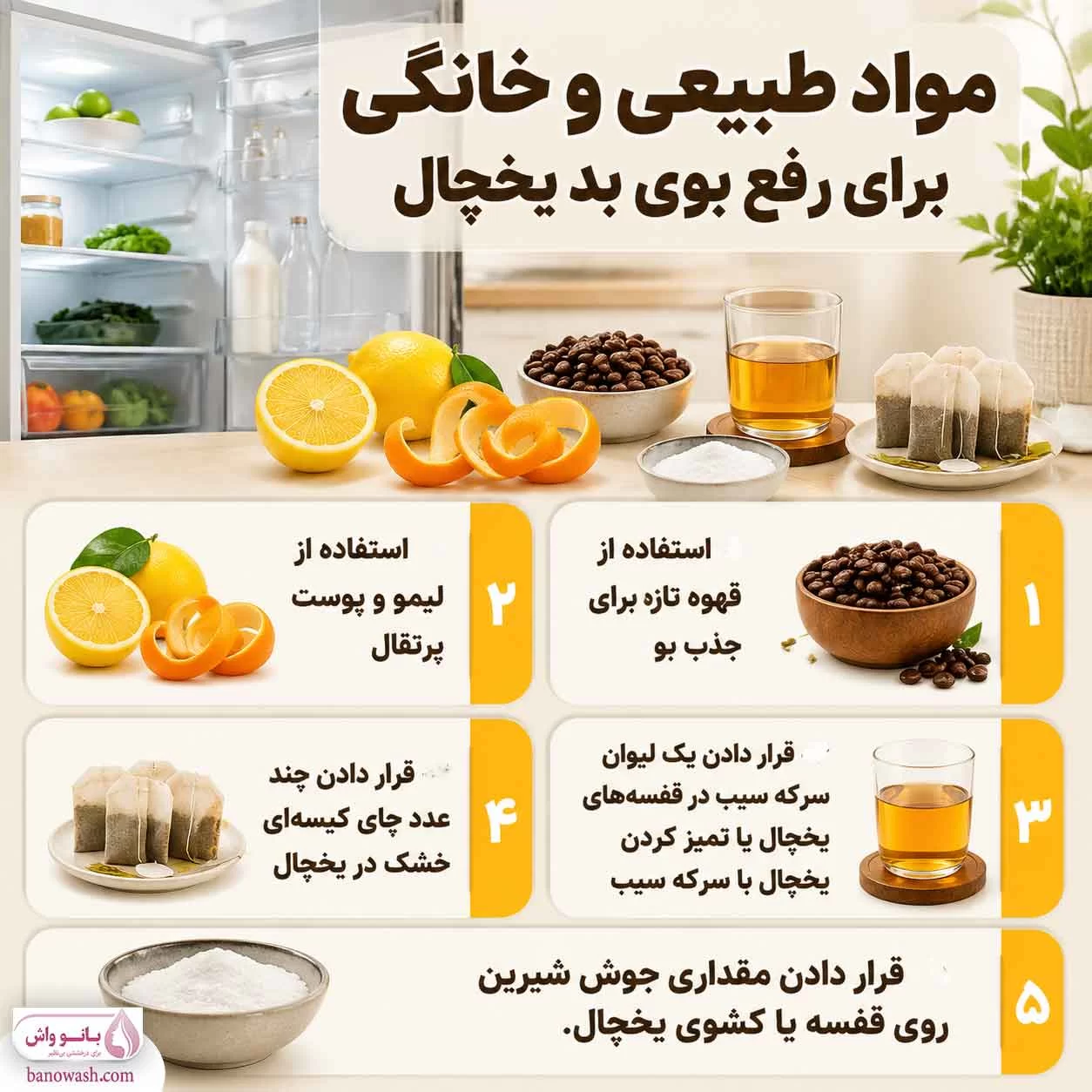 مواد طبیعی و خانگی برای رفع بوی بد یخچال