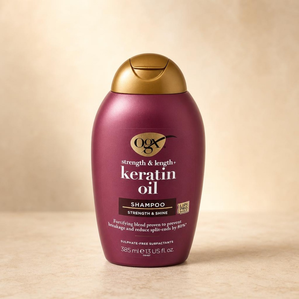 شامپو مو بدون سولفات اوجی ایکس OGX مخصوص موهای کراتینه و آسیب دیده مدل KERATIN OIL آمریکایی 385 میل